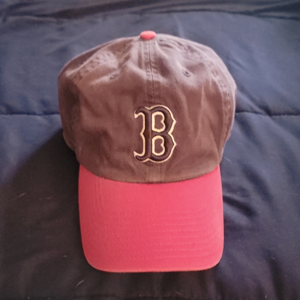 Red Sox hat, blue with red brim, fitted baseball hat